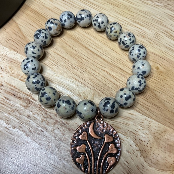 Dalmatian Jasper Beads (10 mm) with Copper Moon/Hearts Charm - Picture 3 of 12